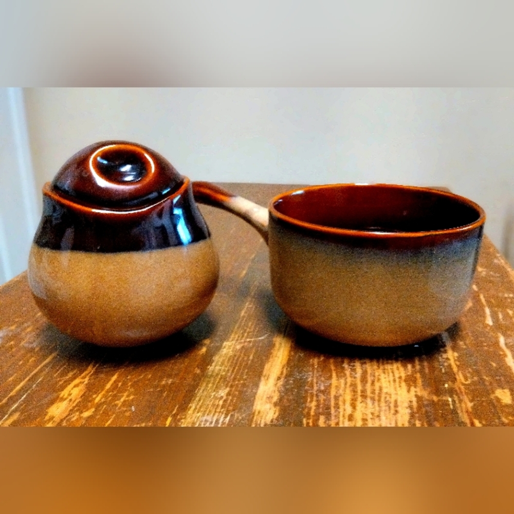 Sango Nova Glossy 5" Brown Bowl with Handle and 4"covered sugar bowl
